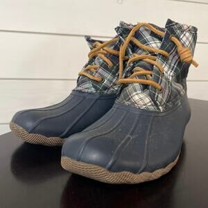 Sperry Rubber Waterproof Womens Duck Boots 6.5 Tartan Plaid Green Leather Laces